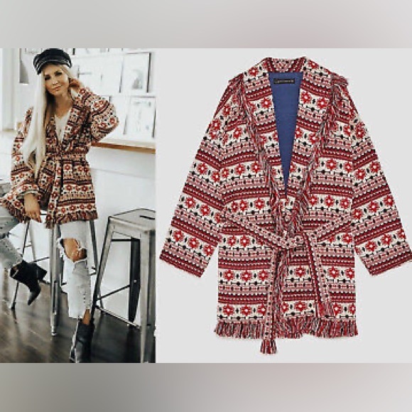Zara Jackets & Blazers - HP**Zara | Aztec Boho knit sweater with belt